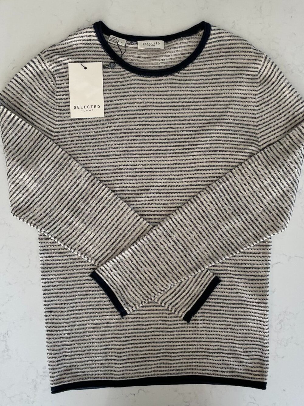 Selected Homme SLHDEAN Mix Crew Nk LS Striped Lightweight Sweater Navy Bone Wt S